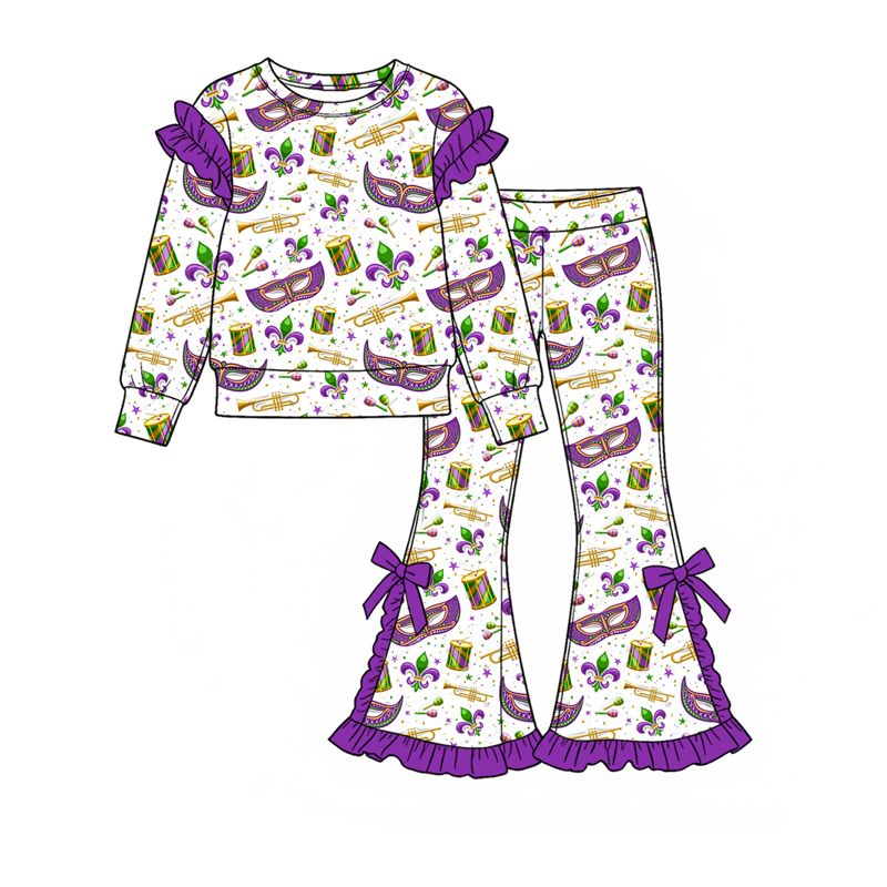 ( Moq 5 ) Preorder Baby Girls Kids Flower Masks Tops Bows Pants Set Mardi Gras Clothes