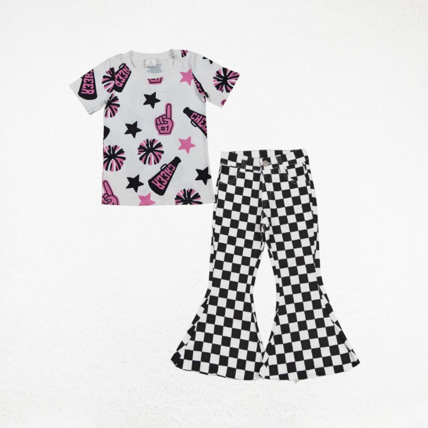 Baby Girl Short Sleeves Cheer Summer Shirt Black Checked Denim Jeans Bell Pants Set RTS