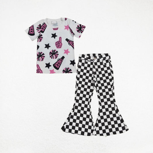 Baby Girl Short Sleeves Cheer Summer Shirt Black Checked Denim Jeans Bell Pants Set RTS