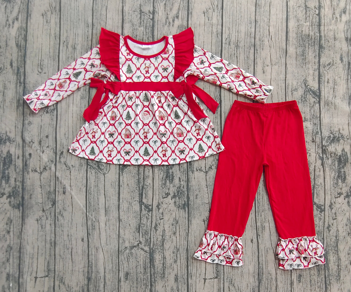 Baby Girl Long Sleeves Christmas Santa Bows Tunic Red Ruffle Pants Set RTS