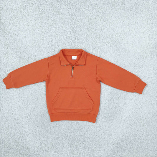 Baby Toddler Kids Long Sleeves Orange Pullover Zipper Pocket Shirt Sweatshirt Cotton Clothes RTS