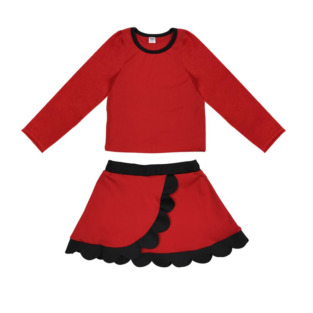 ( Moq 5 ) Preorder Baby Girls Kids Red Shirt Black Scalloped Skirt Shorts Set Yoga Active Clothes