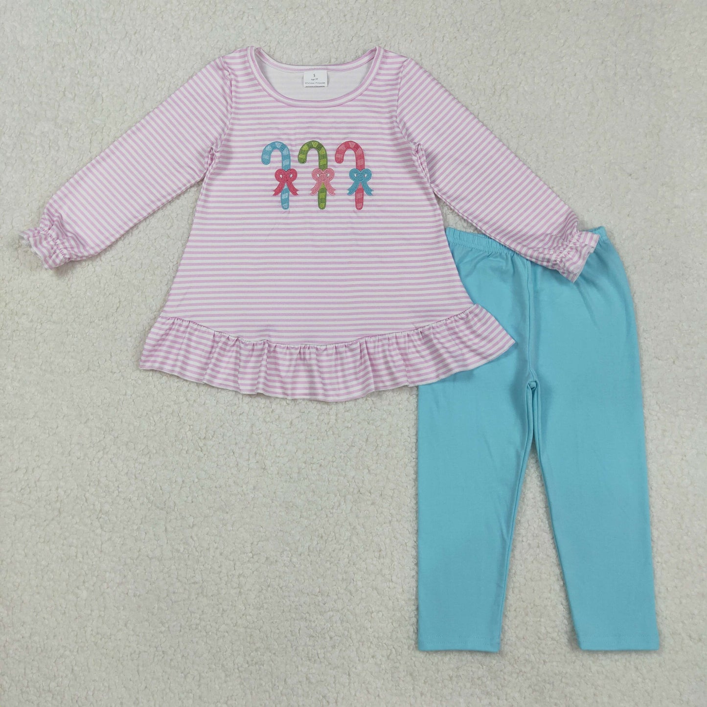 Baby Girl Long Sleeves Embroidery Candy Cane Stripes Tunic Blue Pants Christmas Set RTS