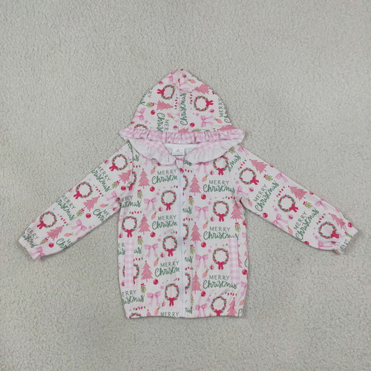 Baby Girl Kids Christmas Tree Bows Pockets Zipper Hoodie Jacket Coat Pink Tops RTS