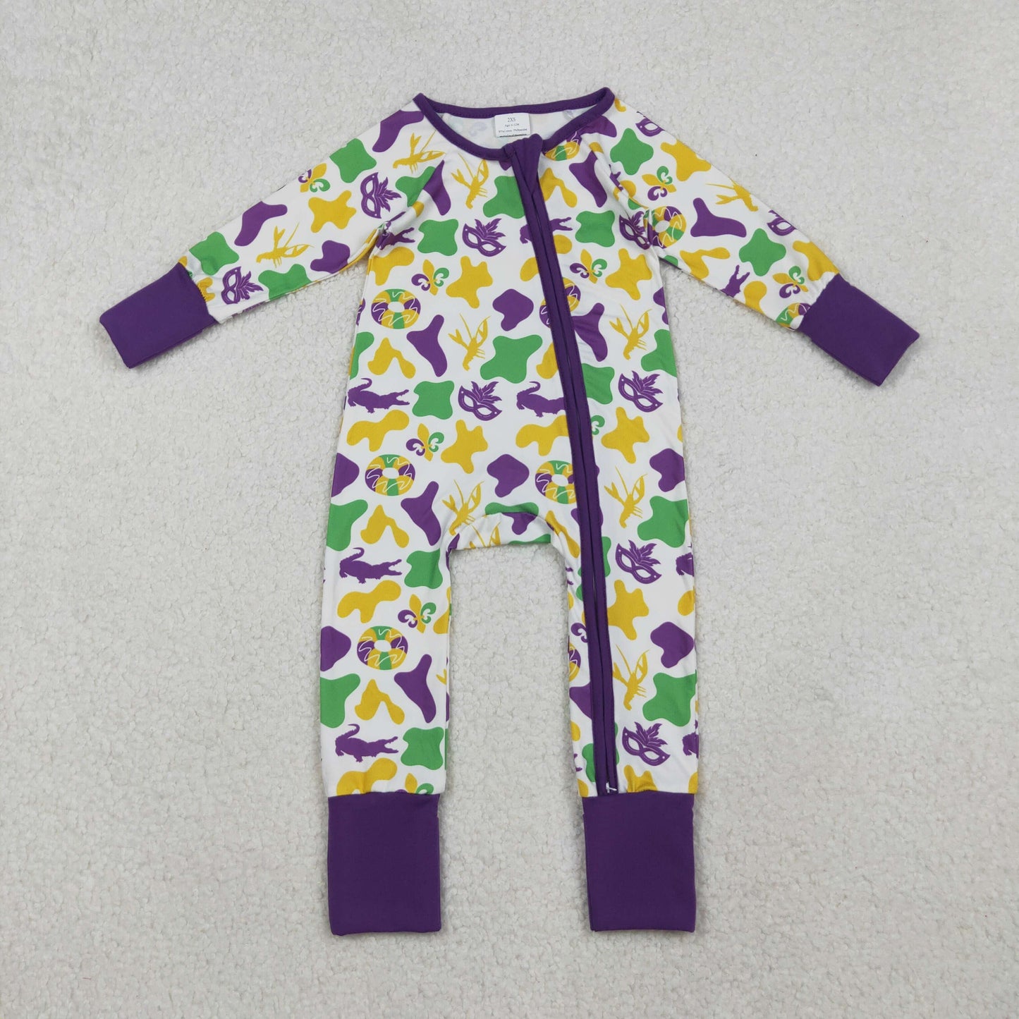 Toddler Kids Long Sleeves Mardi Gras Camo Purple Zipper Pajamas Romper RTS