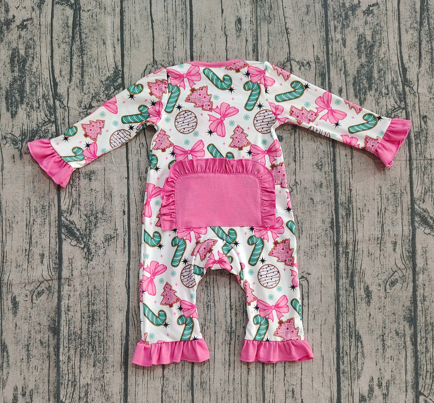 Baby Girl Long Sleeves Candy Cane Pink Bows Tree Christmas Zipper Romper RTS