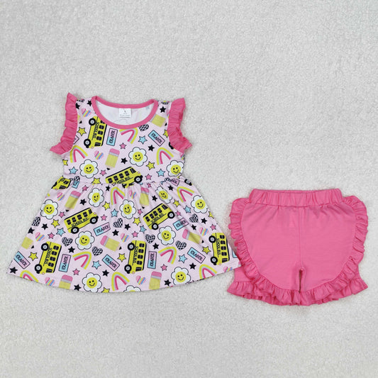 Baby Girl Sleeveless Pencils Bus Tunic Pink Ruffle Shorts Back To School Set RTS