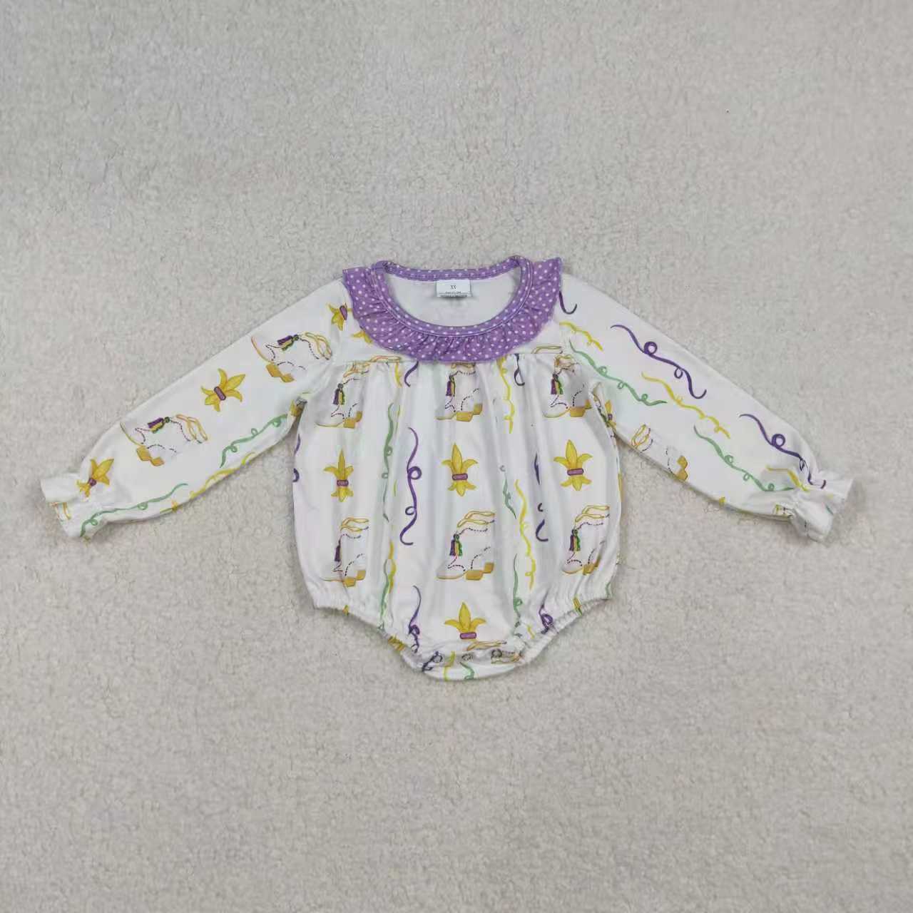 Sibling Baby Girls Kids Long Sleeves Mardi Gras Bows Anchors Ruffle Romper Dress RTS