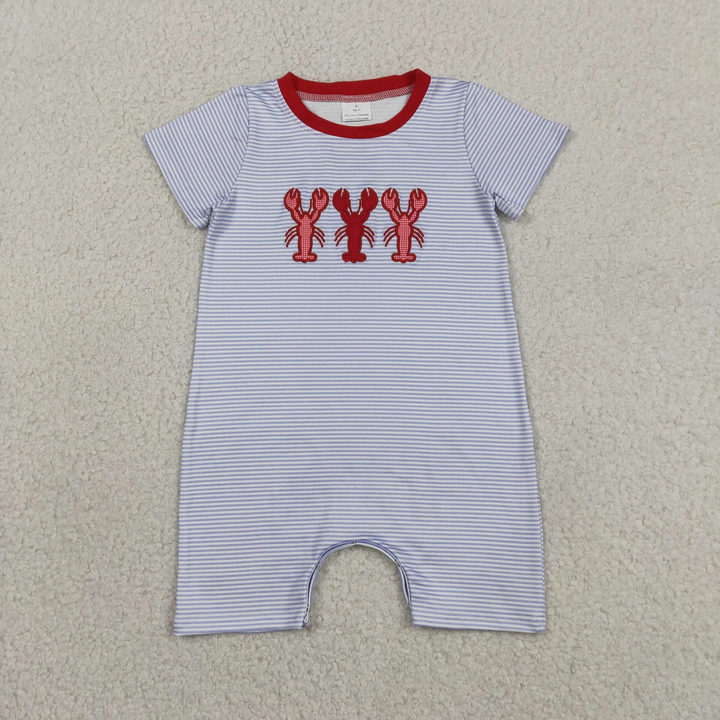 Baby Boys Infant Short Sleeves Embroidery Crayfish Blue Stripes Romper RTS