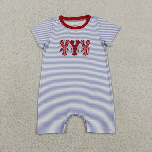 Baby Boys Infant Short Sleeves Embroidery Crayfish Blue Stripes Romper RTS