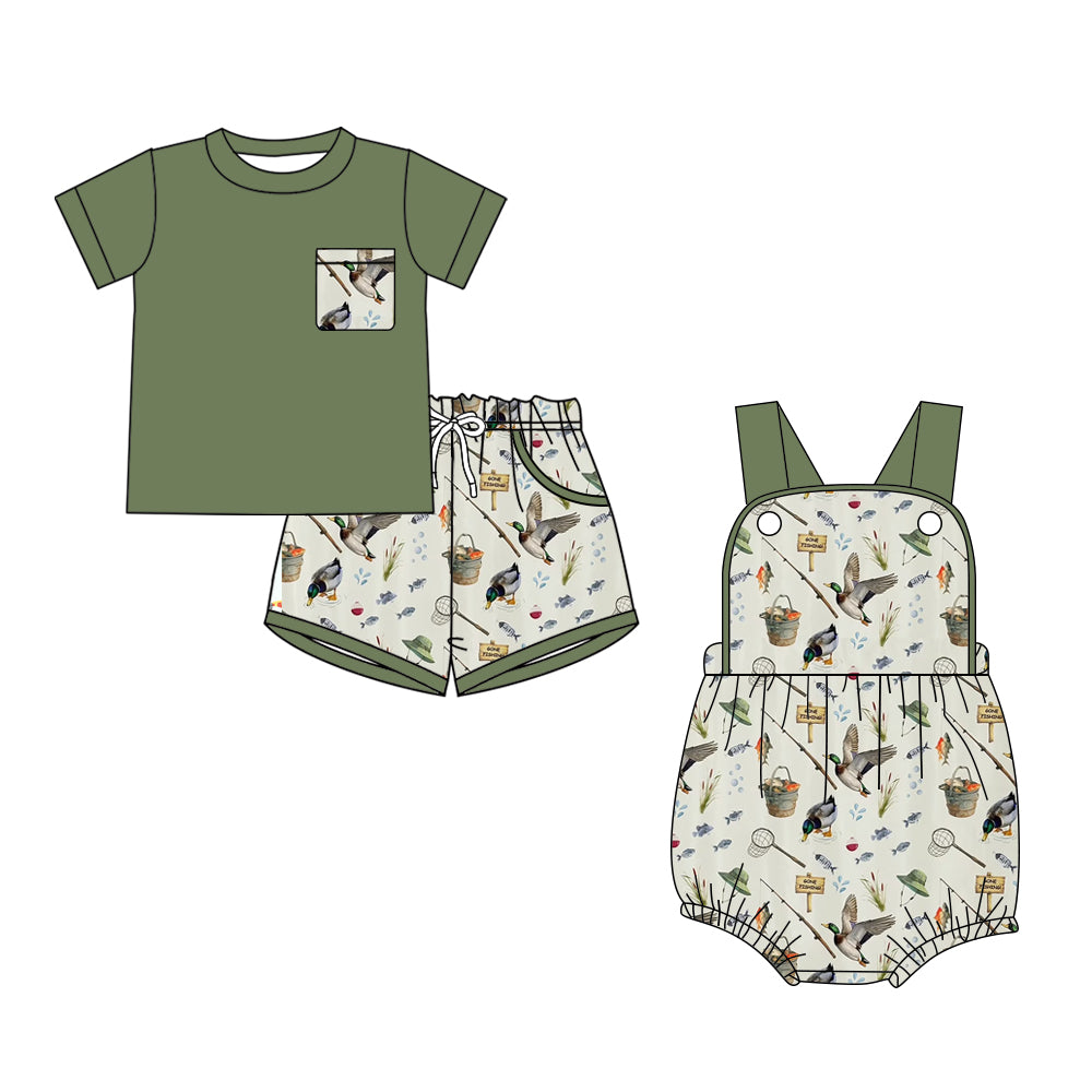 ( Moq 5 Each Style ) Sibling Baby Boys Kids Ducks Shirt Pockets Shorts Set Romper