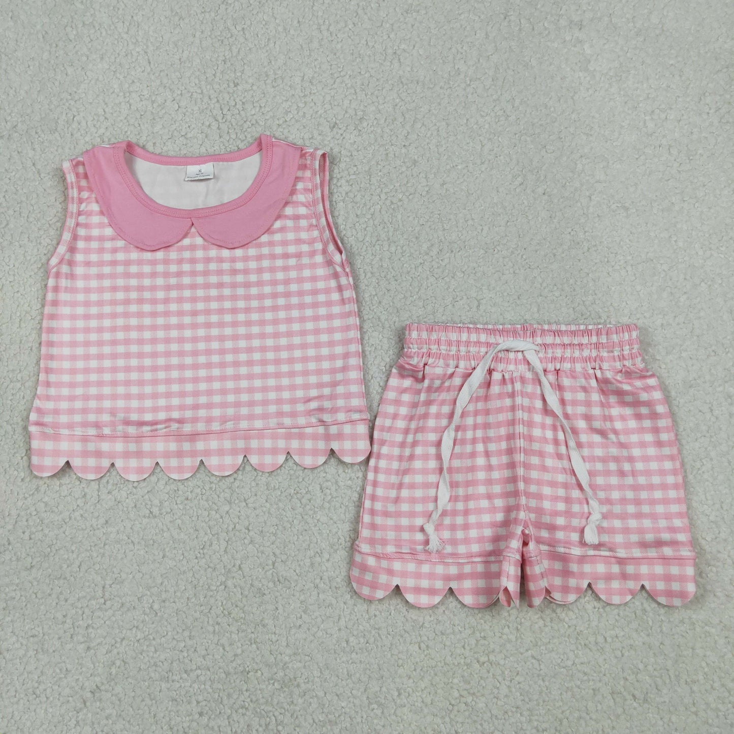 Baby Girls Kids Shirt Scallop Shorts Summer Set Pink Plaid Clothes RTS