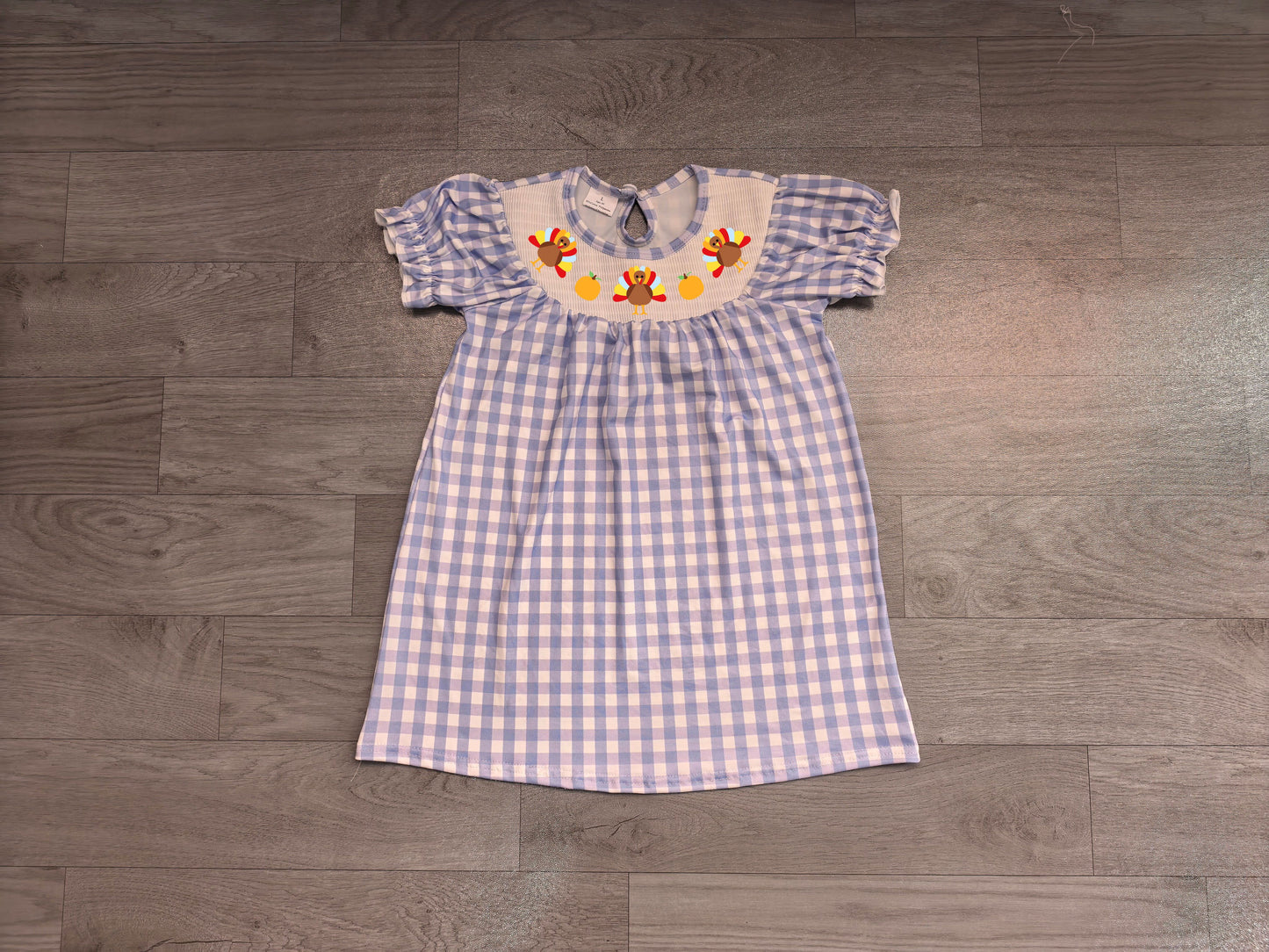 ( No moq ) Preorder Baby Girls Kids Embroidery turkey Pumpkins Blue Plaid Dress Fall Clothes