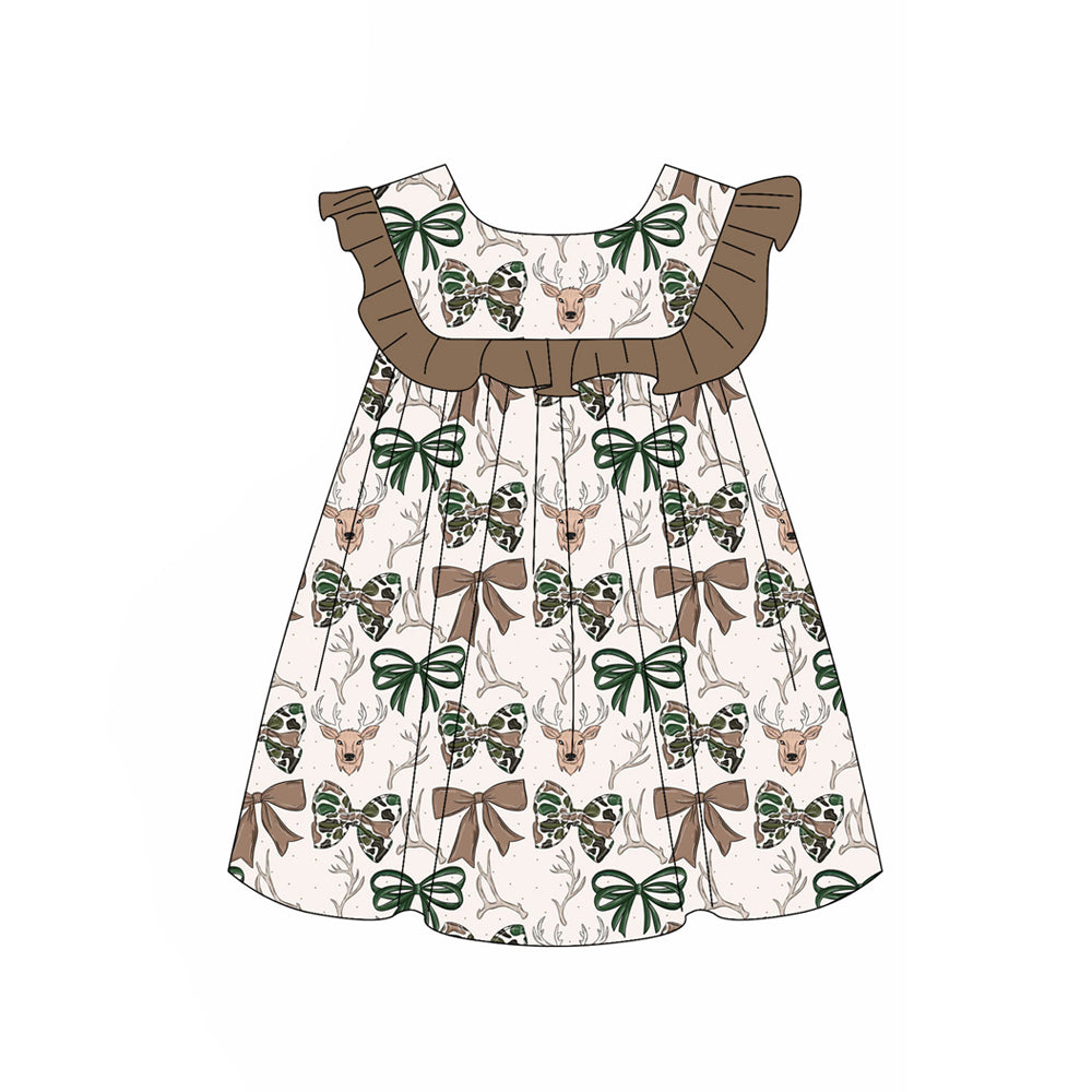 ( Moq 5 ) Preorder Baby Girls Kids Short Sleeves Deer Bows Knee Length Dress Hunting Clothes
