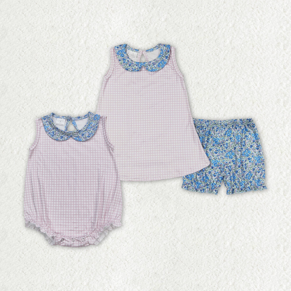 Baby Girl Pink Checkered Sibling Sister Rompers Clothes Sets