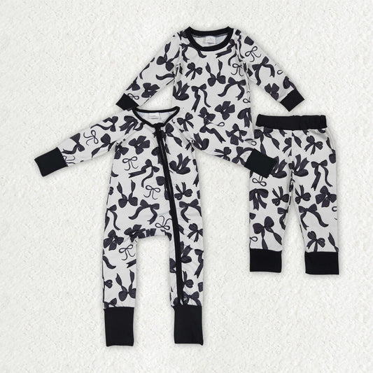 Baby Girl Toddler Long Sleeves Black Bows Sibling Romper Pajamas Set