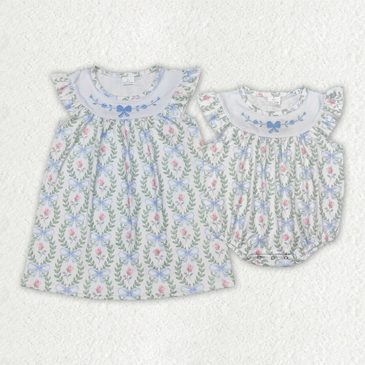 Baby Girl Embroidery Bows Flower Sibling Romper Dress Clothes RTS