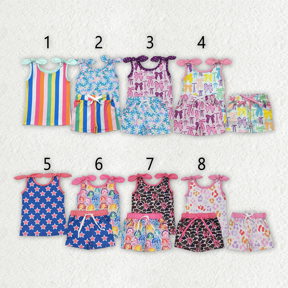 Baby Girl Bows Sleeveless Bows  Stripes Leopard Pockets Shorts Sibling Outfit Clothes RTS
