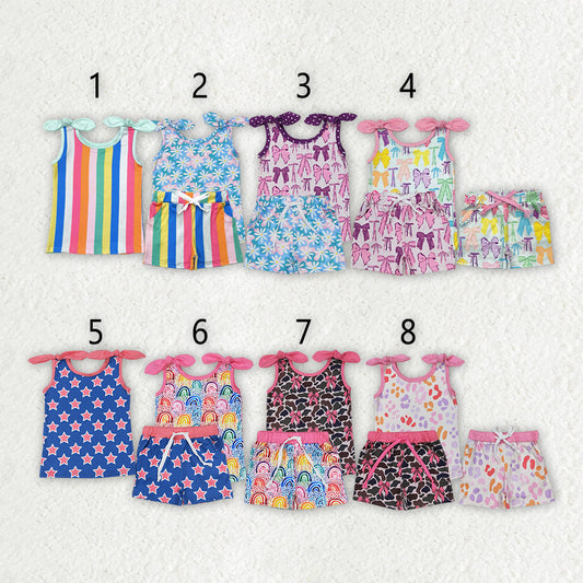 Baby Girl Bows Sleeveless Bows  Stripes Leopard Pockets Shorts Sibling Outfit Clothes RTS