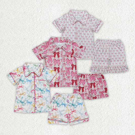 Baby Girl Short Sleeves Bows Buttons Shirt Shorts Sibling Pajamas Set RTS