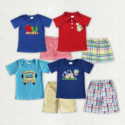 Baby Boy Back To School Embroidery Dinosaur Bus Apple Sibling Set RTS