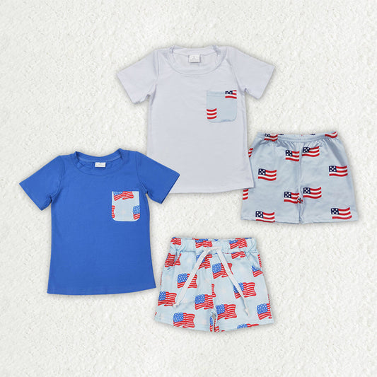Baby Boy Short Sleeves Pocket Shirt 4th of July Flags Shorts Outfit Sibling Clothes RTS