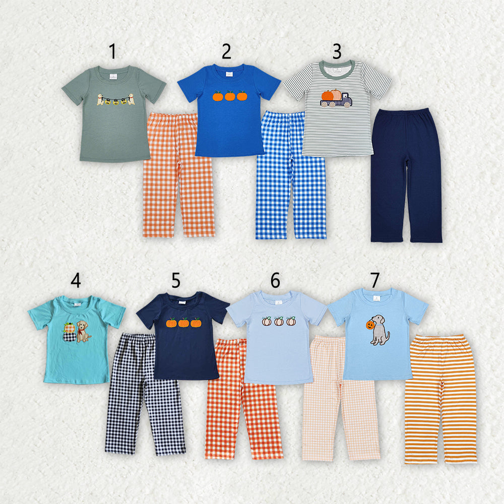 Baby Boy Short Sleeves Dogs Pumpkins Shirt Pants Set Sibling Thanksgiving RTS