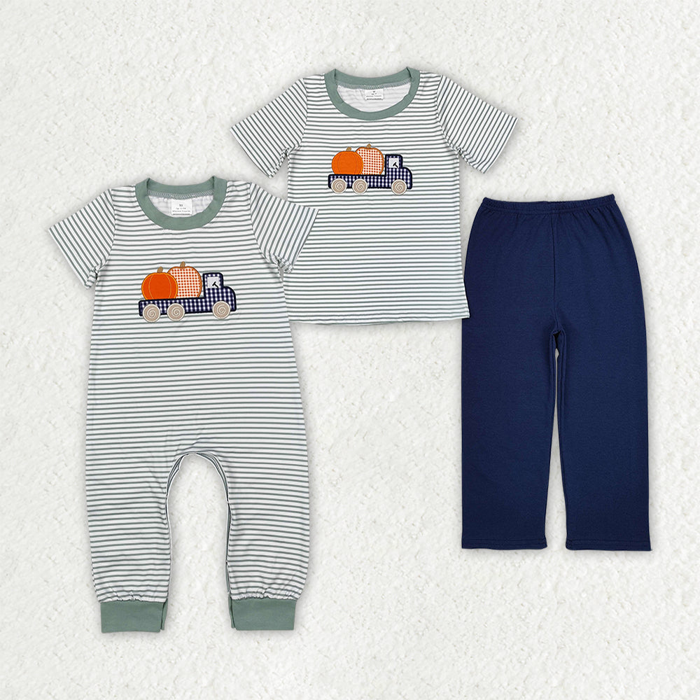 Baby Boy Short Sleeves Embroidery Pumpkin Trucks Stripes Sibling Romper Set Thanksgiving RTS