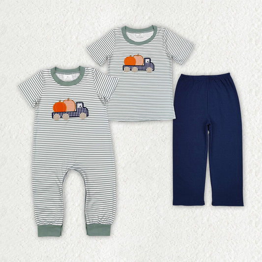 Baby Boy Short Sleeves Embroidery Pumpkin Trucks Stripes Sibling Romper Set Thanksgiving RTS