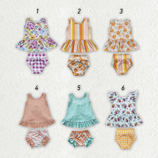 Baby Girl Sleeveless Flower Tops Bummie Shorts Sibling Clothes Set RTS