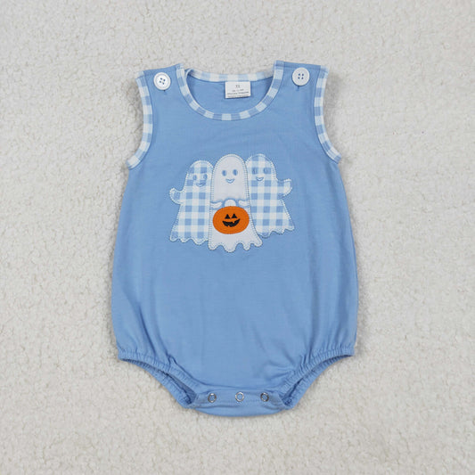 Baby Boy Sleeveless Embroidery Ghost Pumpkin Halloween Blue Bubble Romper RTS