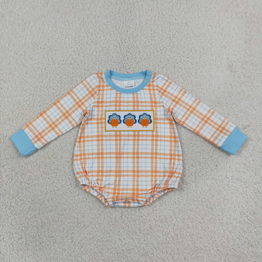 Baby Boy Kids Long Sleeves Embroidery turkey Pumpkins Plaid Romper Fall Clothes RTS