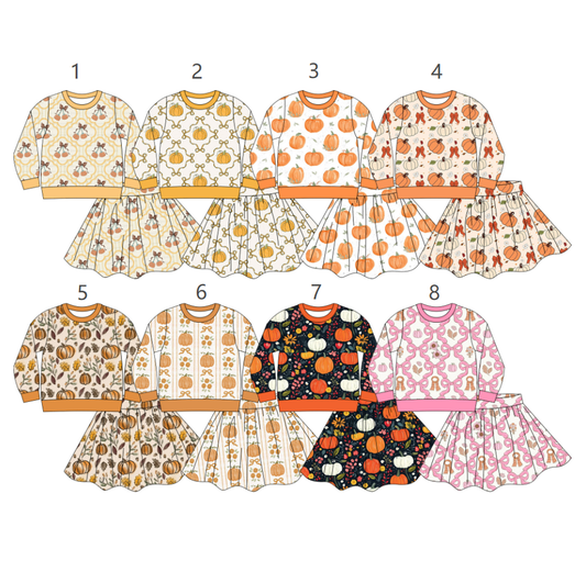 ( Moq 5 Each Style ) Sibling Baby Girls Kids Long Sleeves Pumpkins Bows Shirt Skirt Sets Fall Clothes
