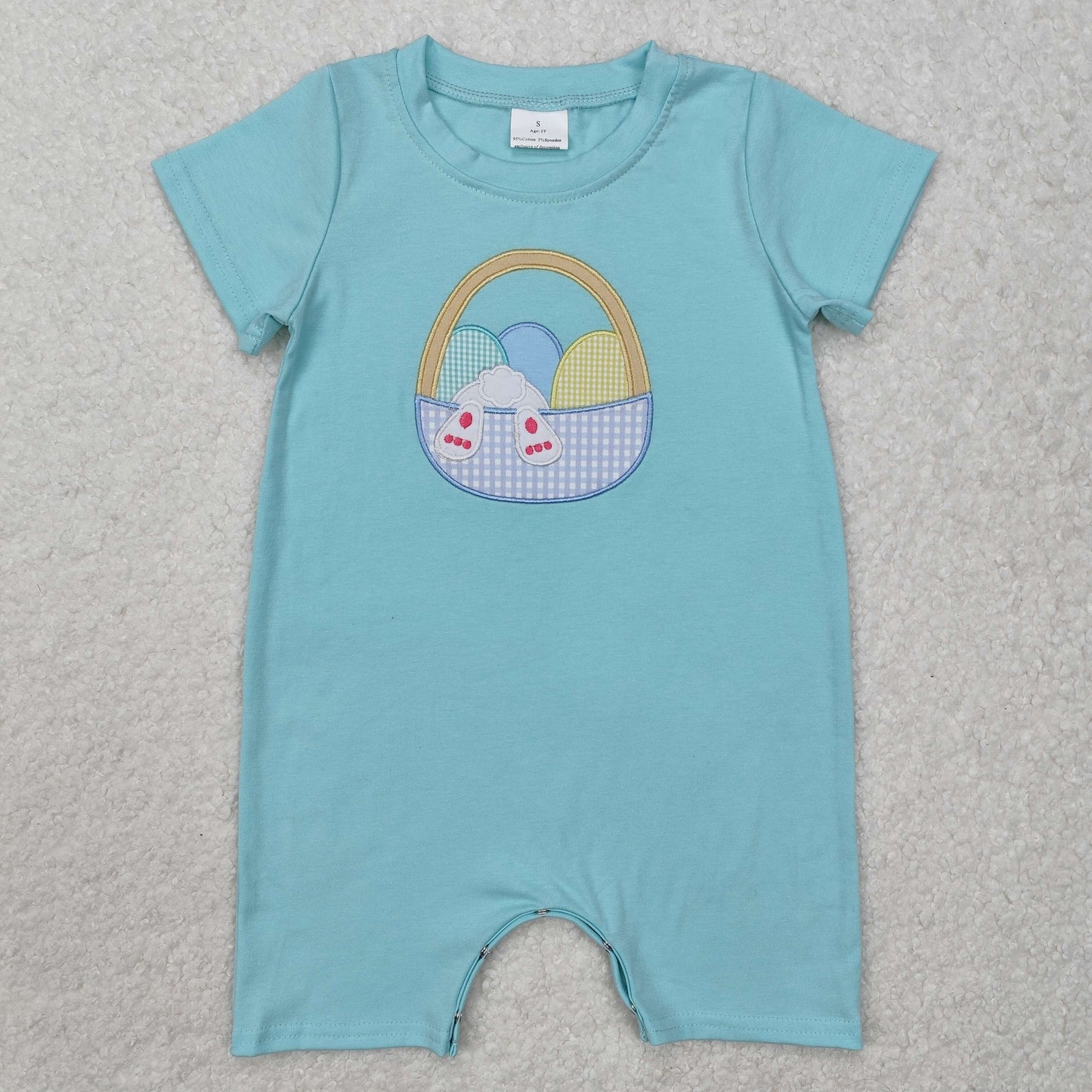 RTS Baby Boy Infant Short Sleeves Embroidery Easter Eggs Basket Green Romper