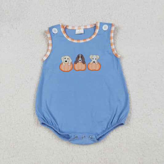 Baby Boy Sleeveless Embroidery Dogs Pumpkins Thanksgiving Fall Romper RTS