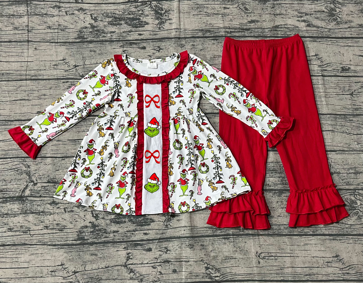 ( No moq ) Preorder Girls Kids Embroidery Green Face Bows Tunic Red Pants Christmas Clothes Set