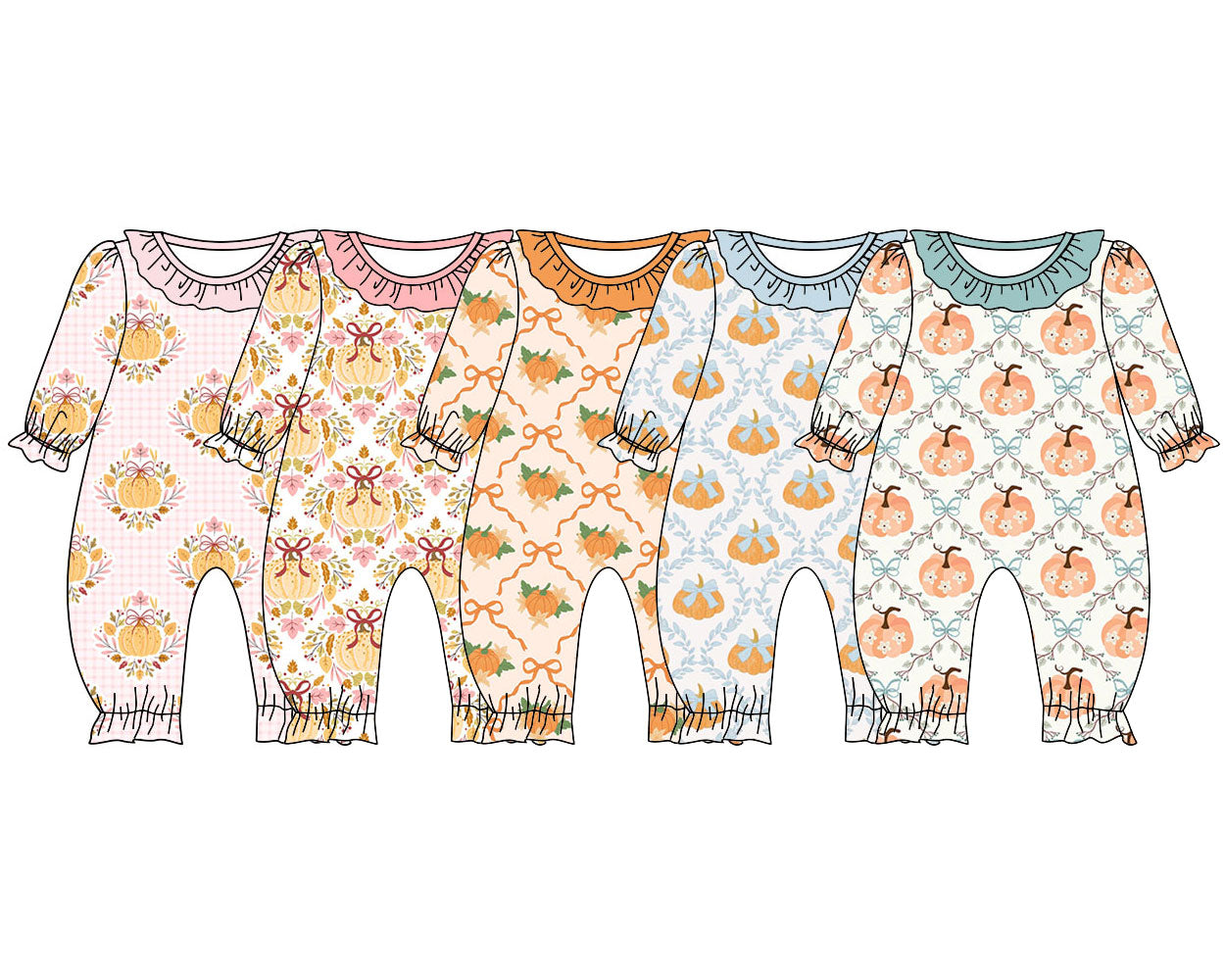 ( Moq 5 Each Style ) Sibling Baby Girls Infant Long Sleeves Pumpkins Bows Fall Rompers Clothes