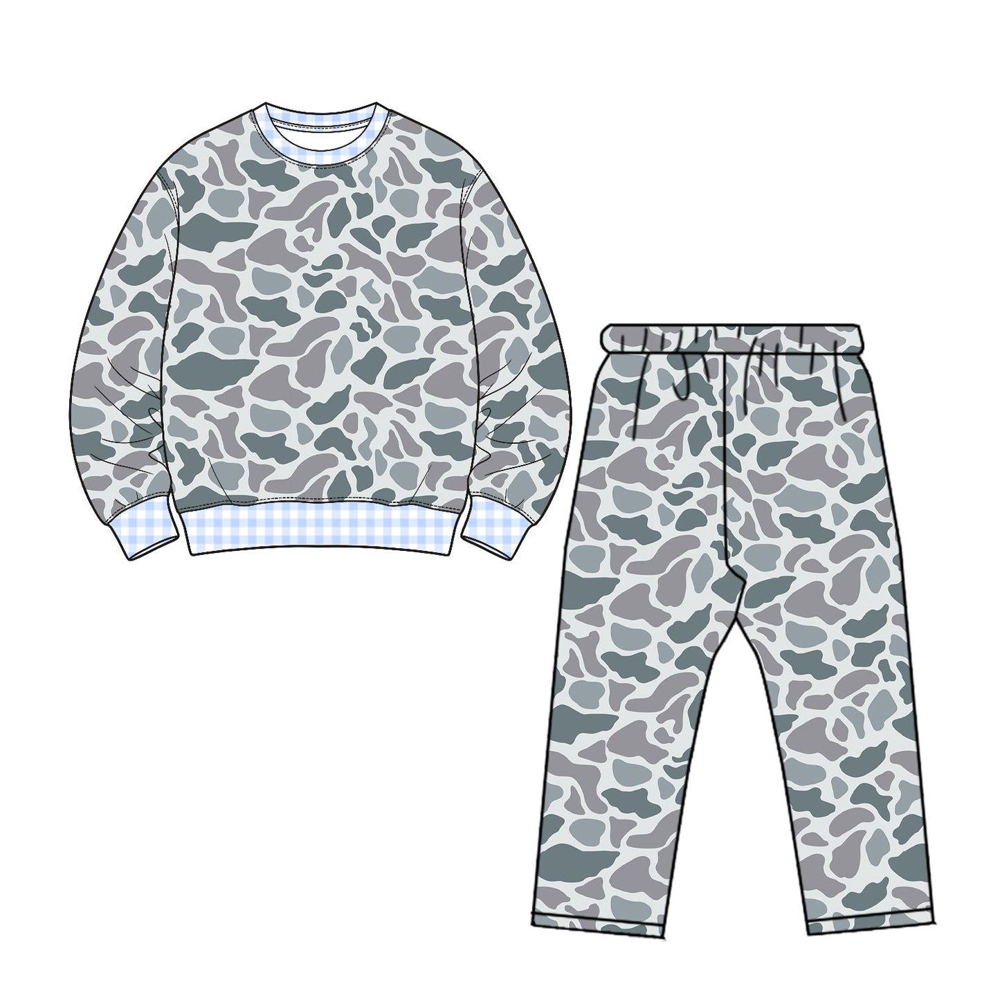 ( Moq 5 ) Preorder Baby Boys Kids Plaid Shirt Grey Camo Pants Set Clothes