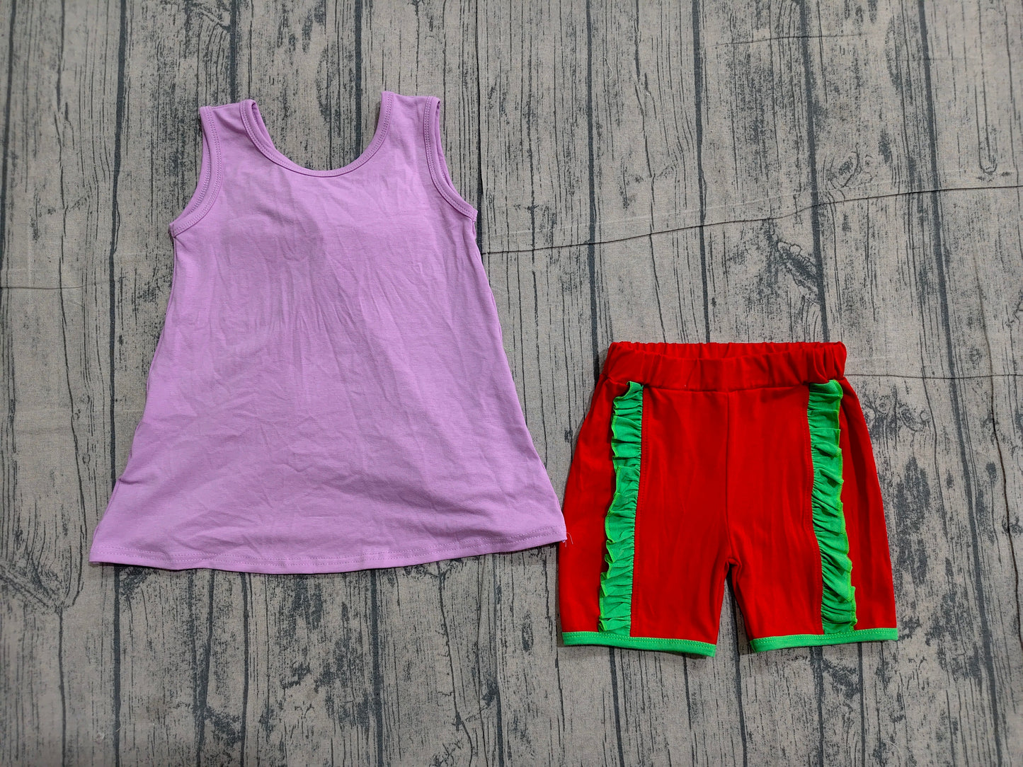 Baby Girls Purple Sleeveless Green Bows Tops Ruffle Shorts Set Clothes RTS