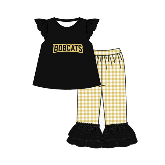 Baby Girl Short Sleeves Team Tunic Ruffle Plaid Pants Clothes Set ( Moq 5 )