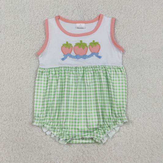 Baby Girls Sleeveless Embroidery Strawberry Bows Green Plaid Bubble Romper RTS