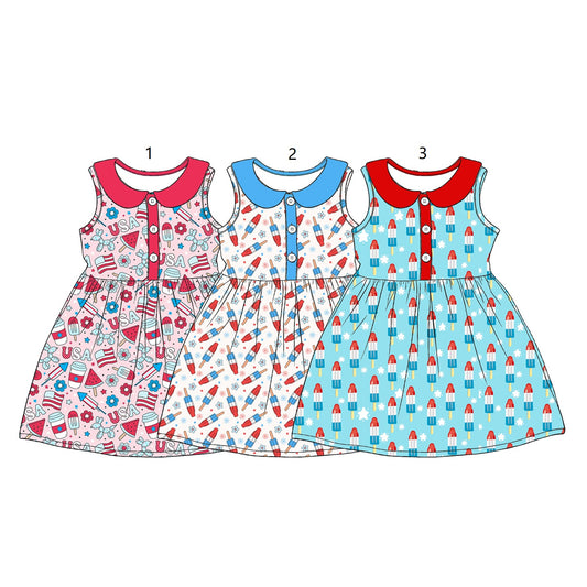 ( Moq 5 Each Style ) Baby Girls Kids Sleeveless Popsicles Sibling 4th of July Buttons Dresses