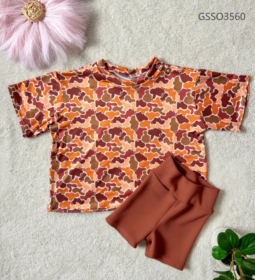 ( Moq 5 ) Preorder Baby Girls Short Sleeves Southern Camo Shirt Biking Shorts Set Clothes