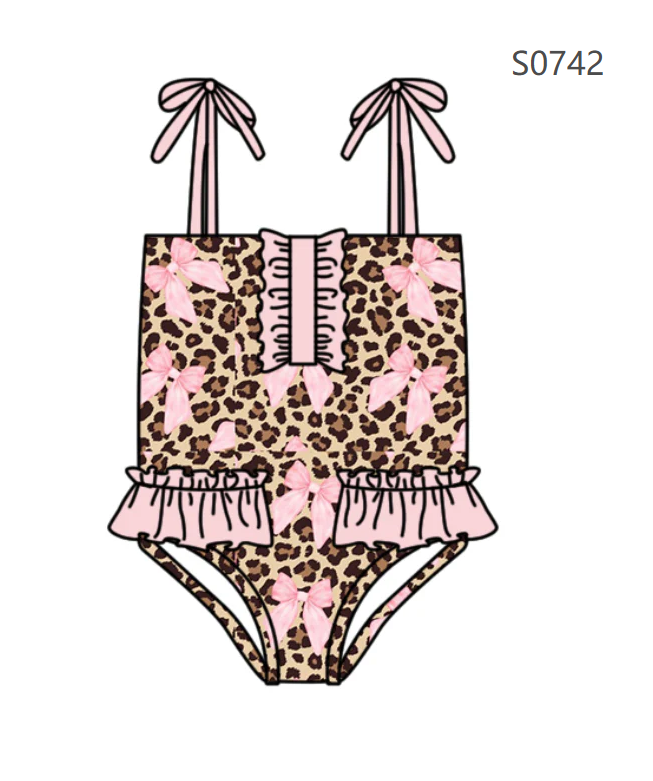 ( Moq 5 ) Preorder Baby Girls Kids Sleeveless Leopard Bows Ruffle Summer One-piece Swimsuit