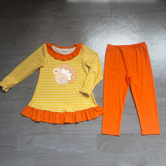 ( No moq ) Preorder Baby Girls Kids Embroidery turkey Stripes Tunic Orange Pants Set Fall Clothes