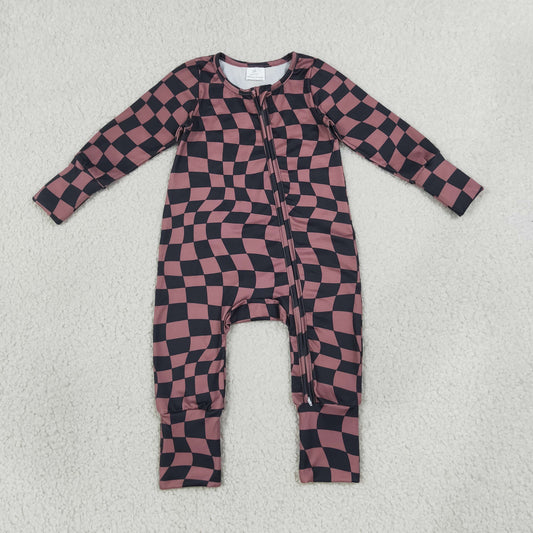 Baby Boys Kids Long Sleeves Brown Black Plaid Zipper Footie Sleeper Romper Clothes RTS