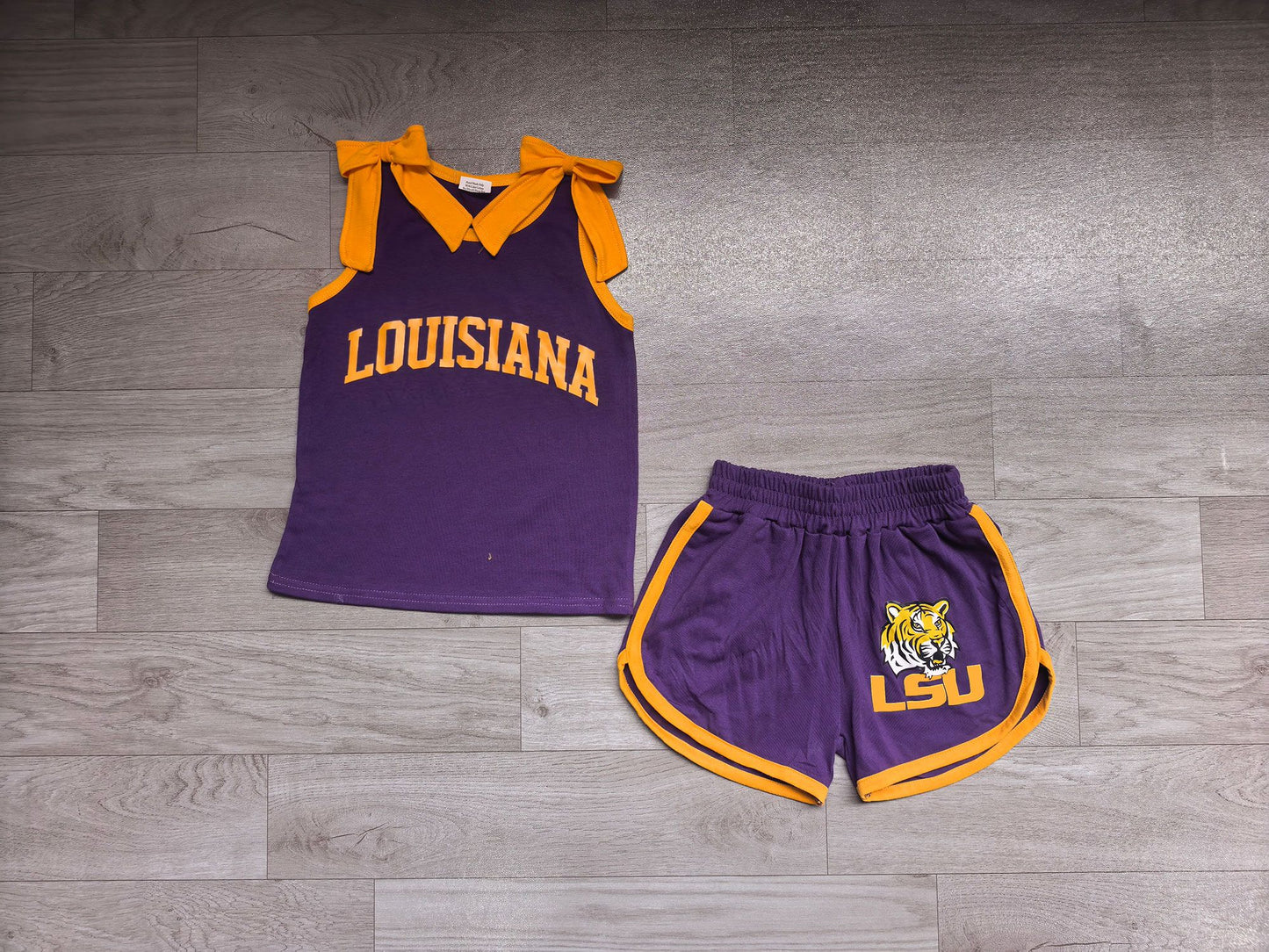 ( No moq ) Preorder Baby Girls Kids Sleeveless Bows Vinyl Shirt Tiger Shorts Purple Set Team Clothes