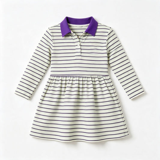 ( Moq 5 ) Preorder Baby Girls Long Sleeves Purple Stripes Mardi Gras Knee Length Dress Clothes