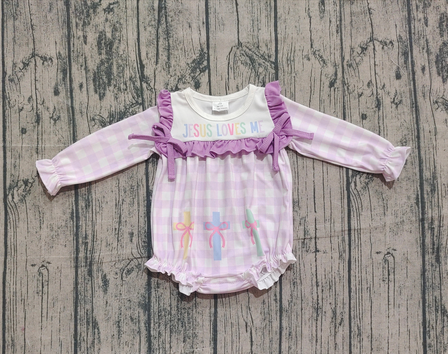 Baby Girls Infant Long Sleeves Jesus Loves Me Purple Plaid Cross Easter Romper RTS
