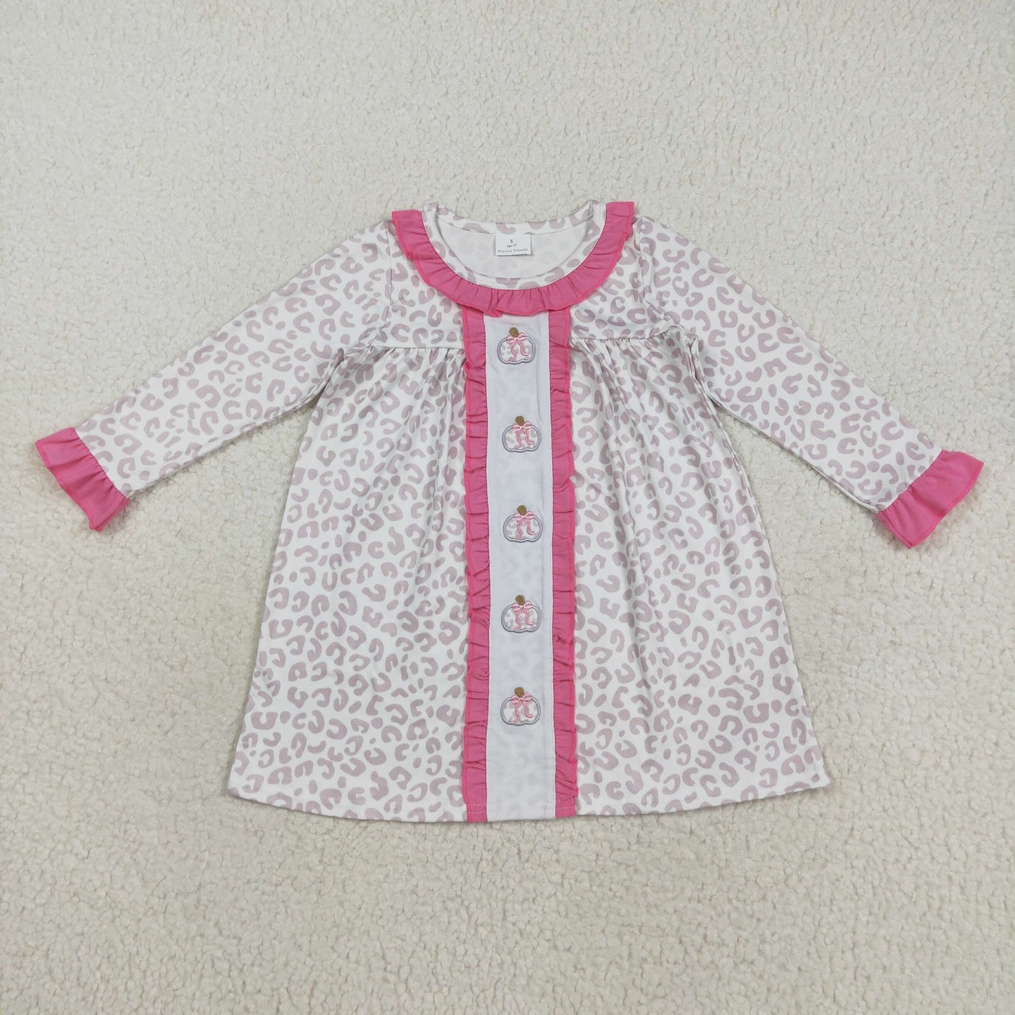 Baby Girl Long Sleeves Leopard Embroidery Bows Pumpkins Ruffle Dress RTS